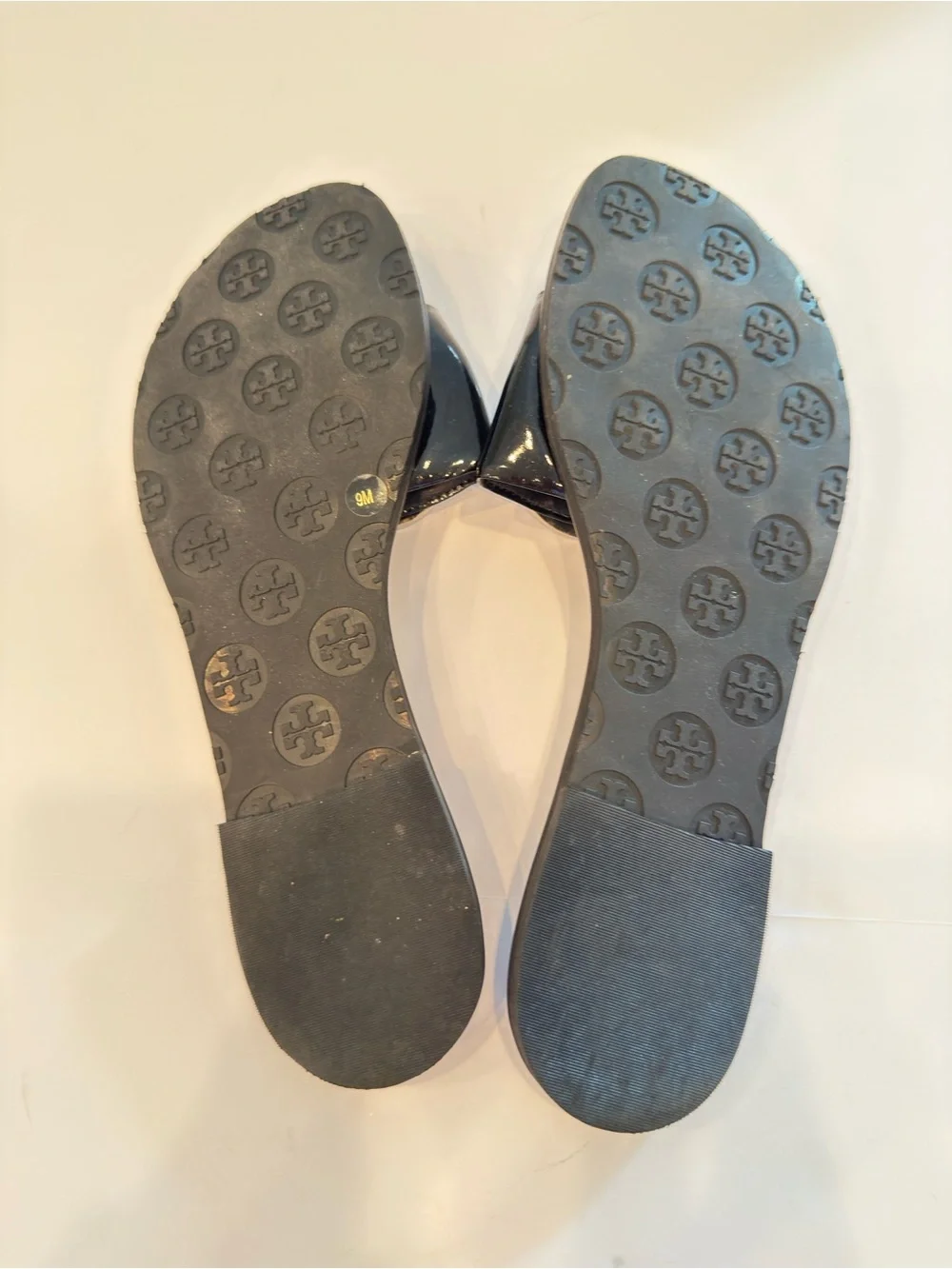 Tory Burch Grania Black Patent Leather Slide Sandals Silver Logo Size 9